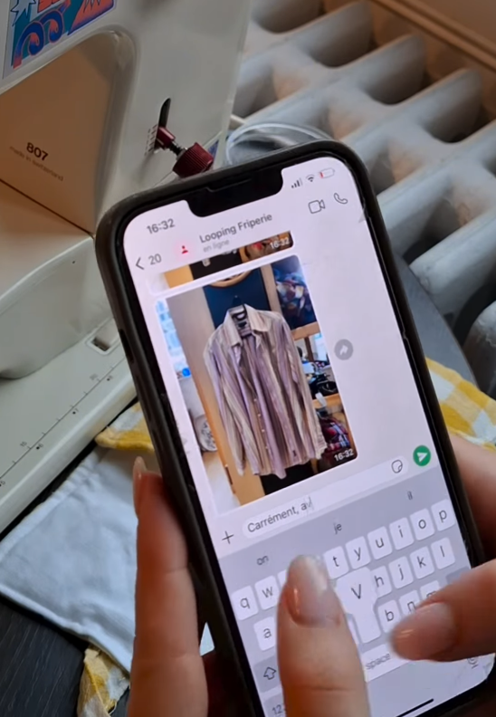 Demande upcycling chemise de la friperie looping : photo d'un message whatsapp